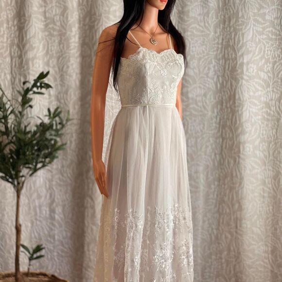 Vintage 50s House of Bianchi White Lace Wedding Dress Bridal Tea-Length Gown XXS